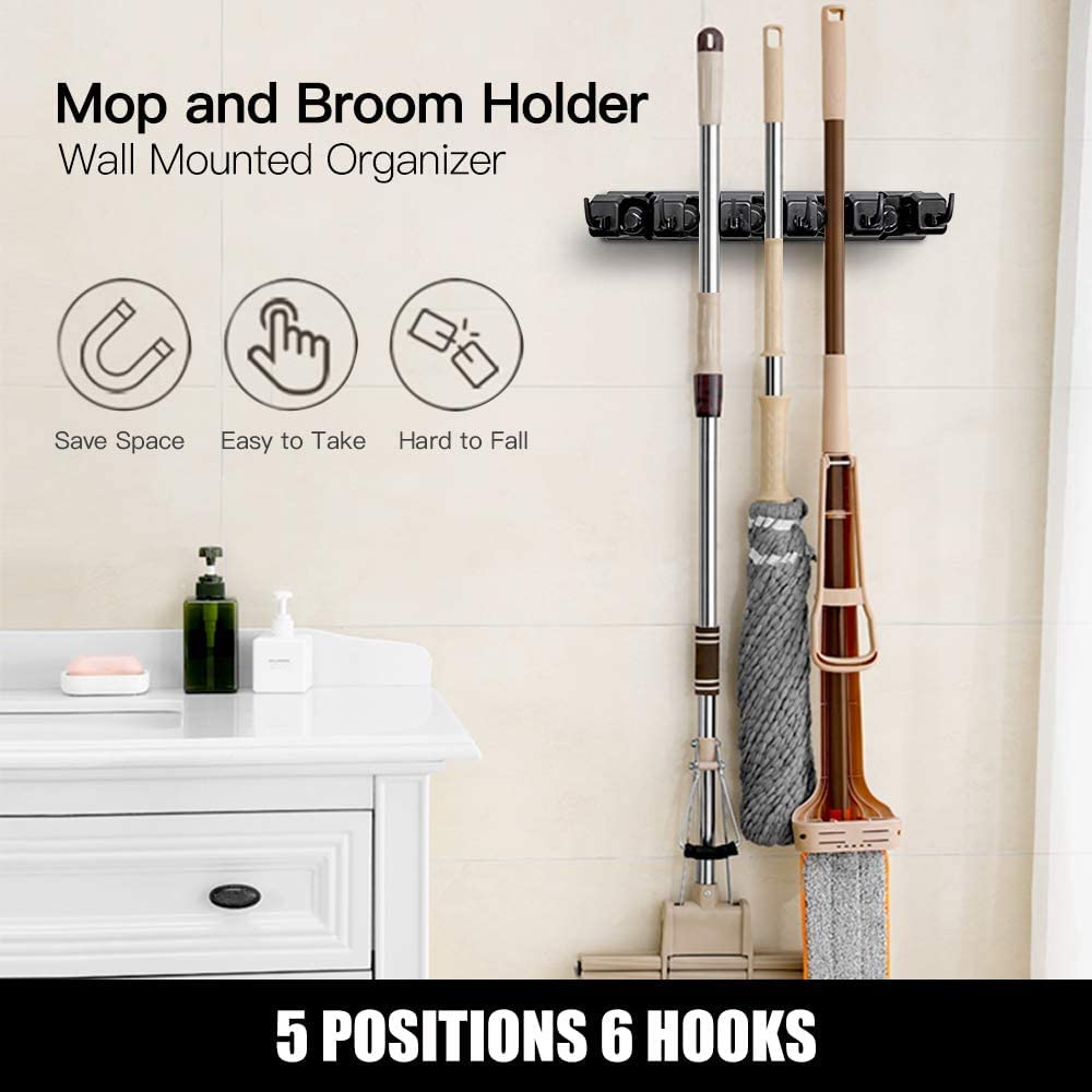 5 Slot Wall Mounted Holder For Mop, Broom, Kitchen, Garden