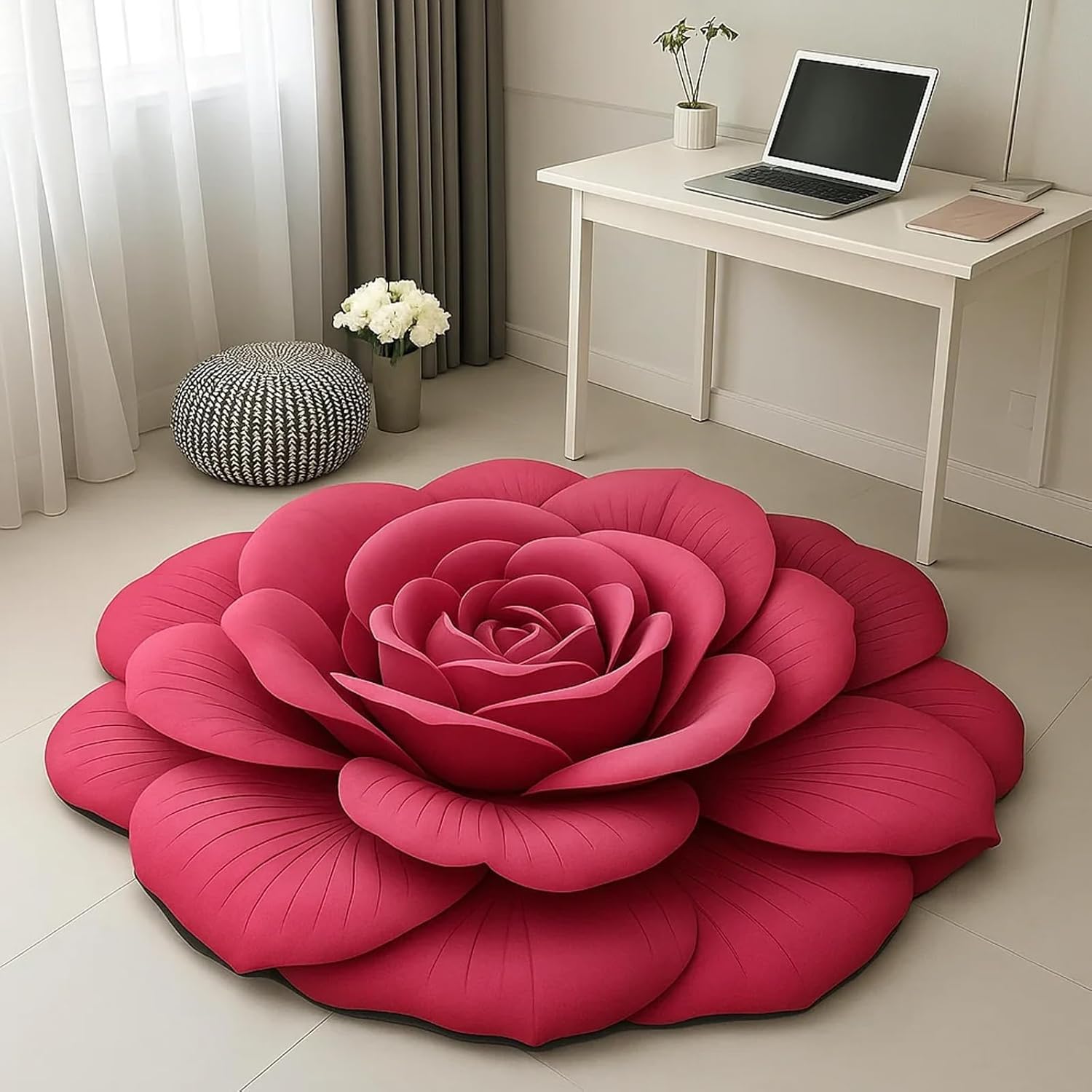 3D Rose Flower Shaped Door Mat (70cm x 70cm) - Red Color