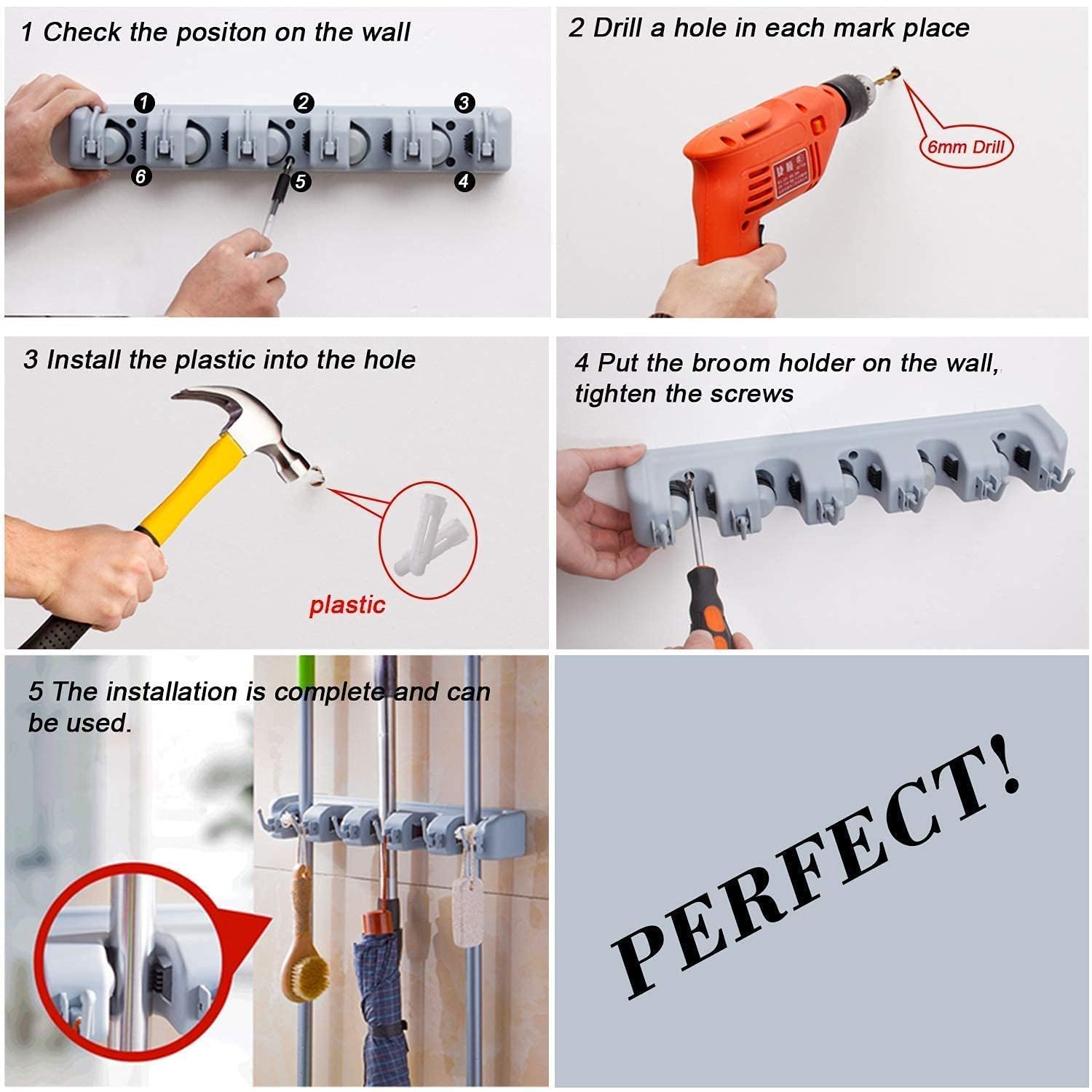 5 Slot Wall Mounted Holder For Mop, Broom, Kitchen, Garden