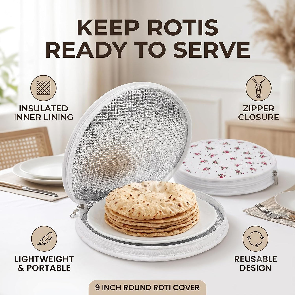 Insulated Roti Cover with Zipper | Pack of 3