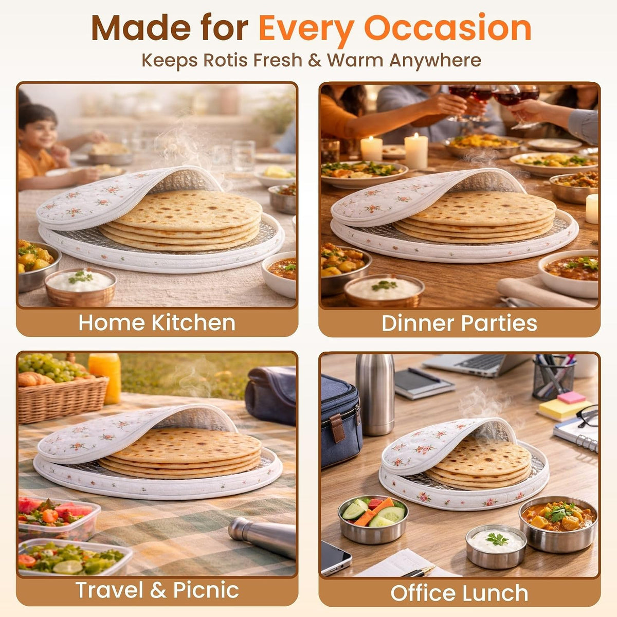 Insulated Roti Cover with Zipper | Pack of 3