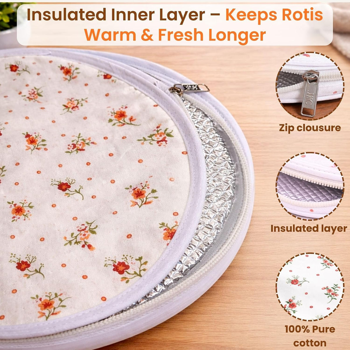 Insulated Roti Cover with Zipper | Pack of 3