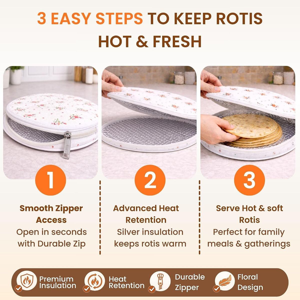 Insulated Roti Cover with Zipper | Pack of 3