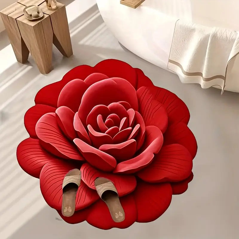 3D Rose Flower Shaped Door Mat (70cm x 70cm) - Red Color