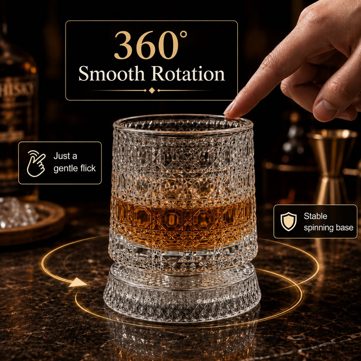 360° Rotating Whiskey Glass with Rotating Base