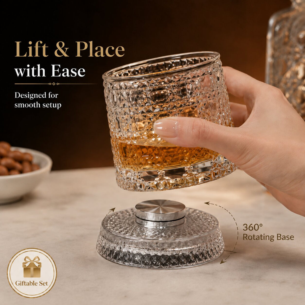 360° Rotating Whiskey Glass with Rotating Base
