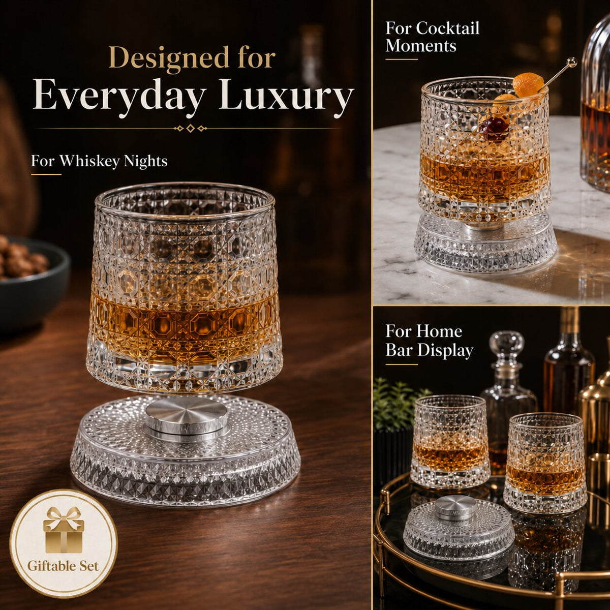 360° Rotating Whiskey Glass with Rotating Base