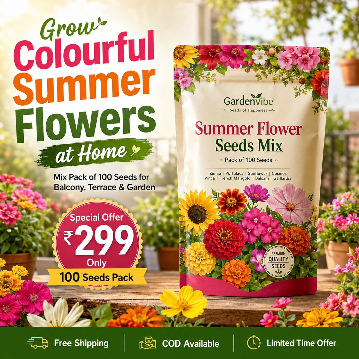 Summer Flower Seeds Mix – For Balcony, Terrace & Home Garden