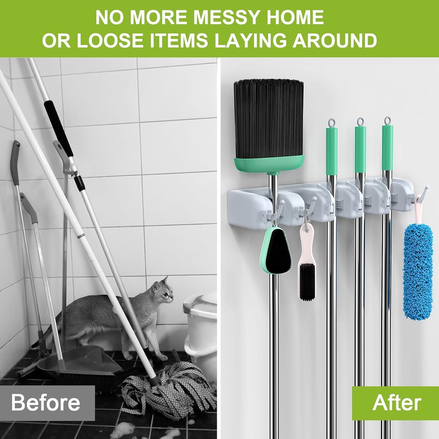 5 Slot Wall Mounted Holder For Mop, Broom, Kitchen, Garden