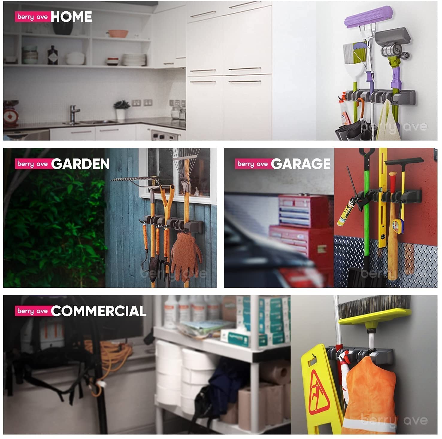 5 Slot Wall Mounted Holder For Mop, Broom, Kitchen, Garden