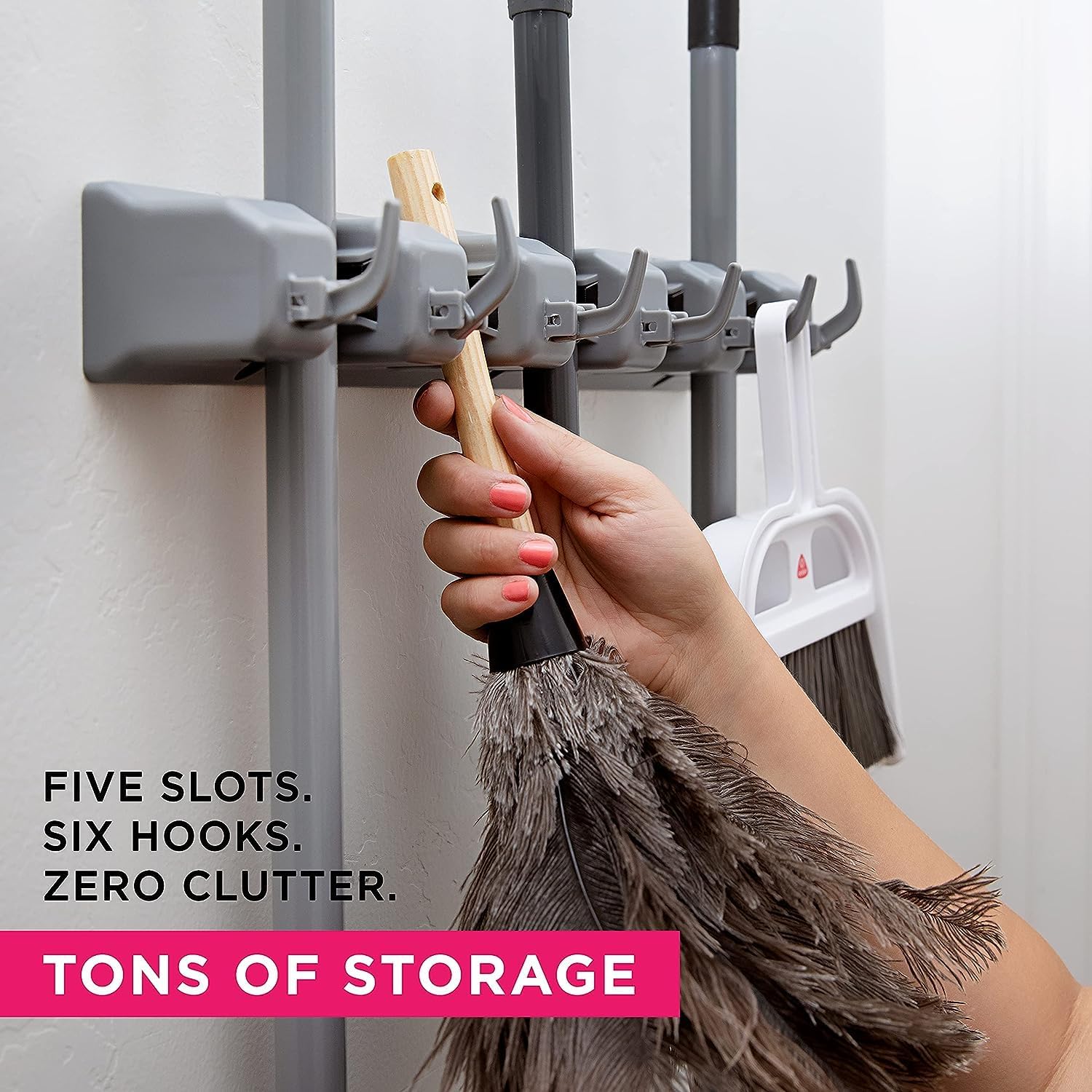 5 Slot Wall Mounted Holder For Mop, Broom, Kitchen, Garden