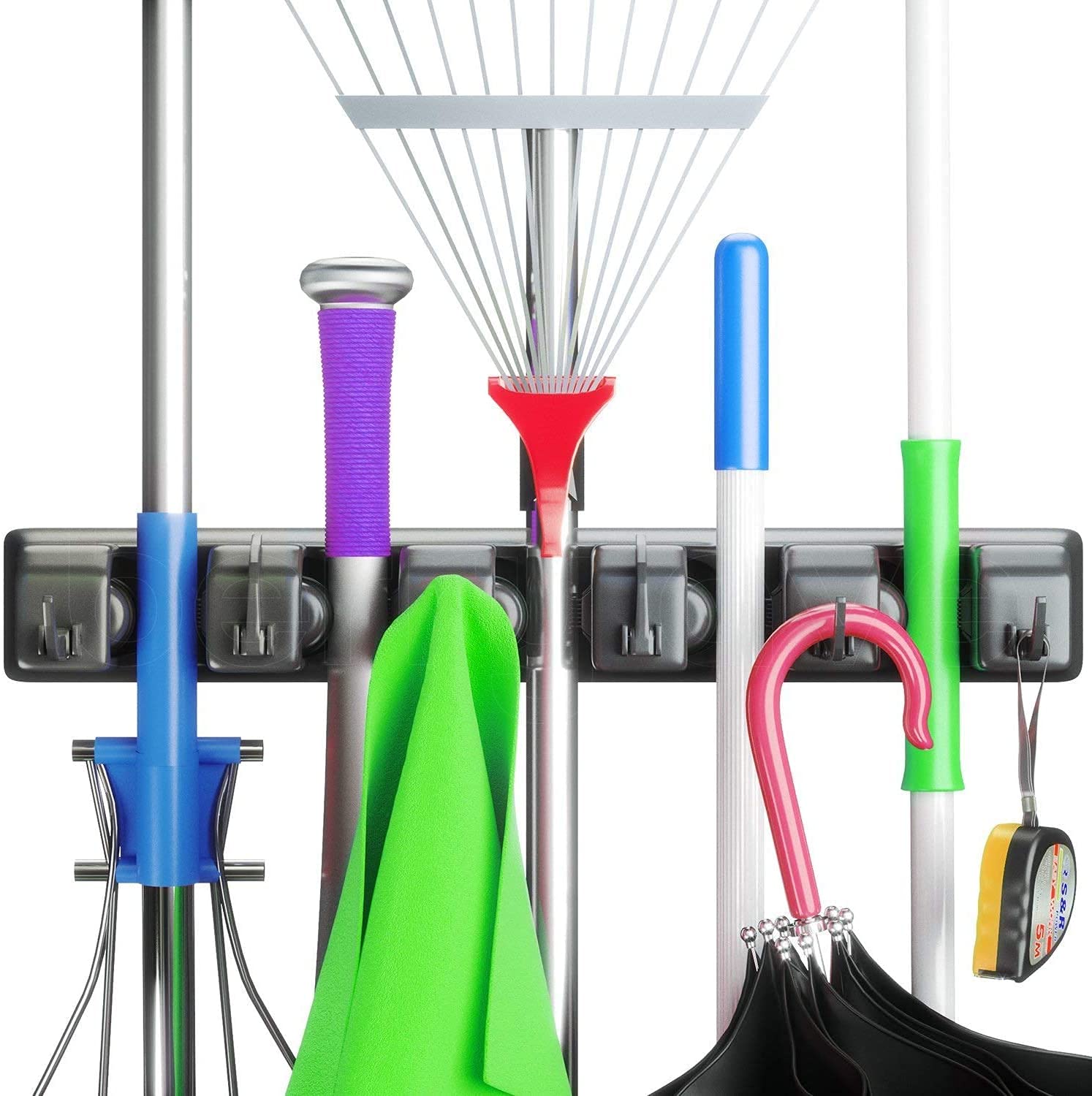 5 Slot Wall Mounted Holder For Mop, Broom, Kitchen, Garden