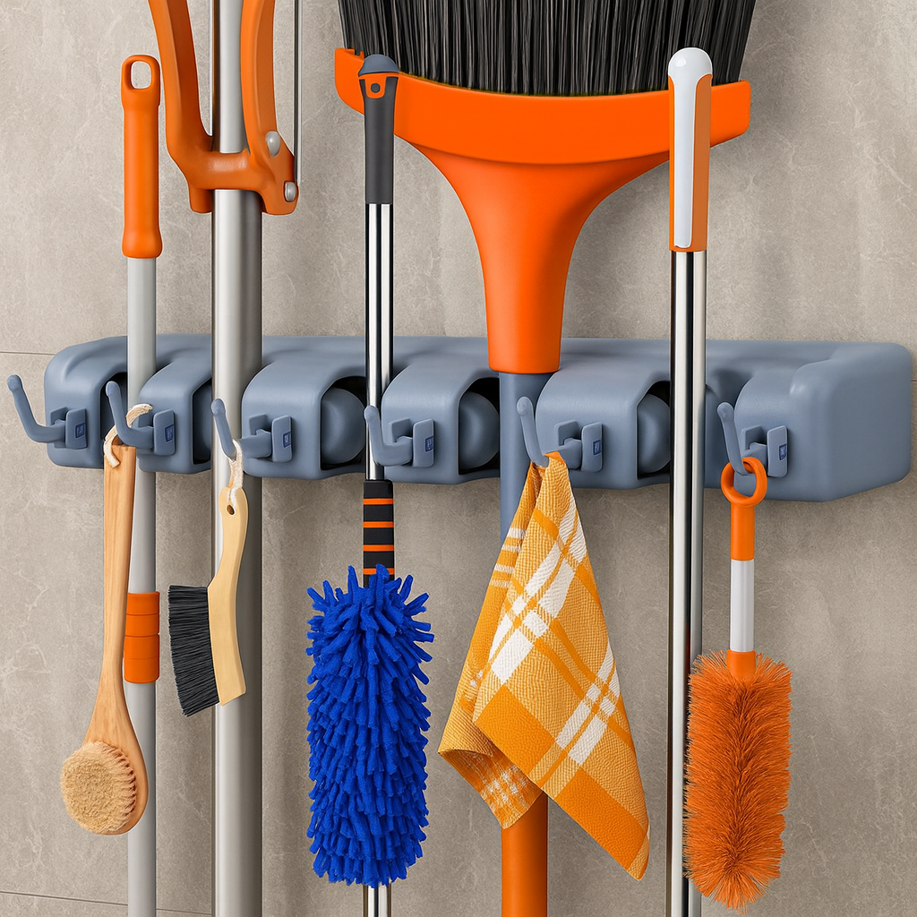 5 Slot Wall Mounted Holder For Mop, Broom, Kitchen, Garden