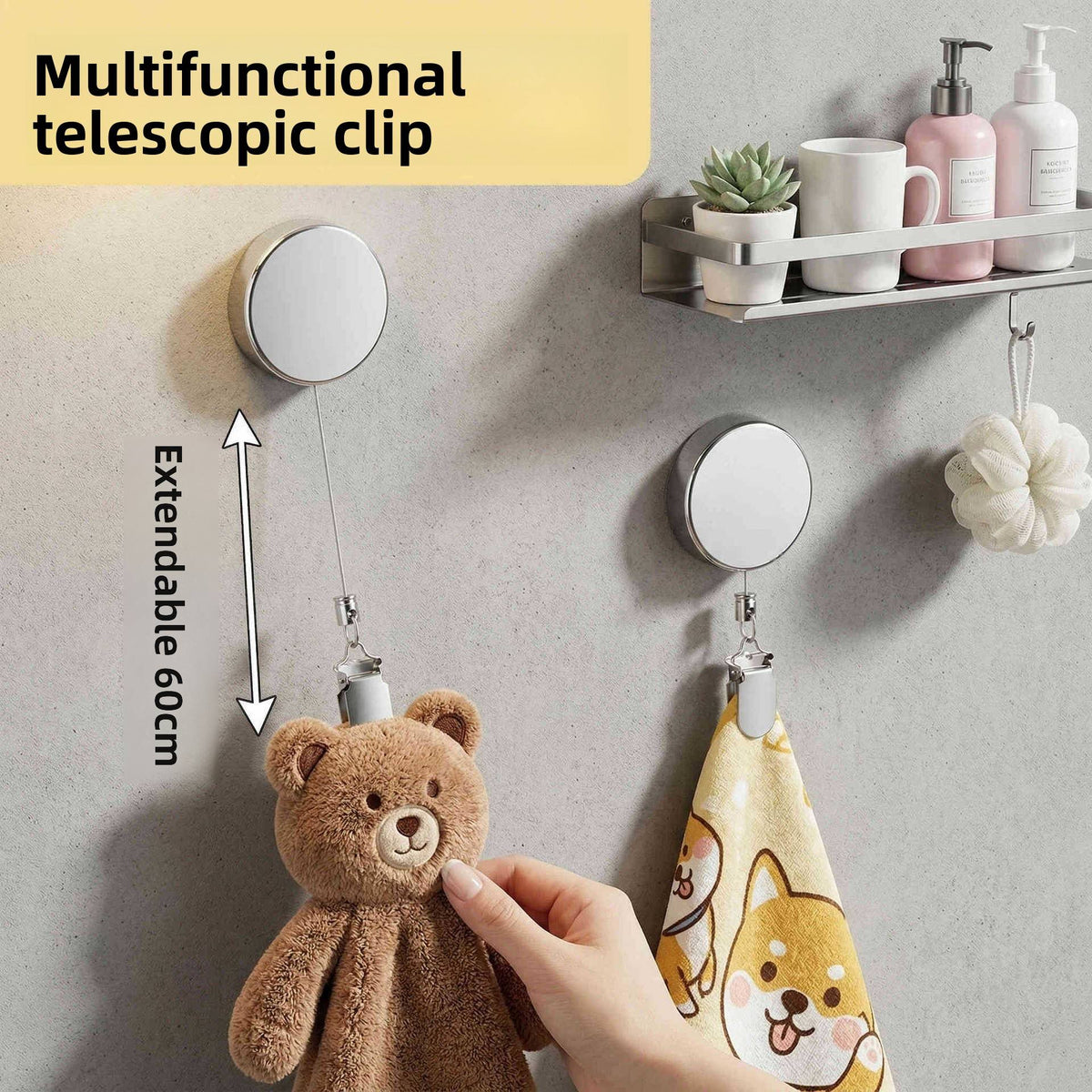 Self-Adhesive Retractable Towel Clip Hanger (Pack of 2)