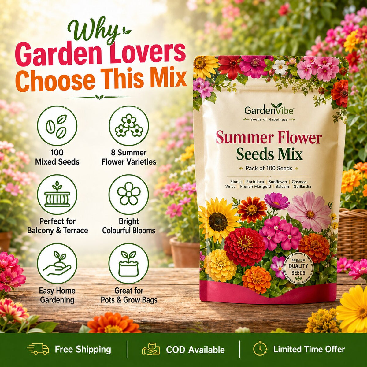 Summer Flower Seeds Mix – For Balcony, Terrace & Home Garden