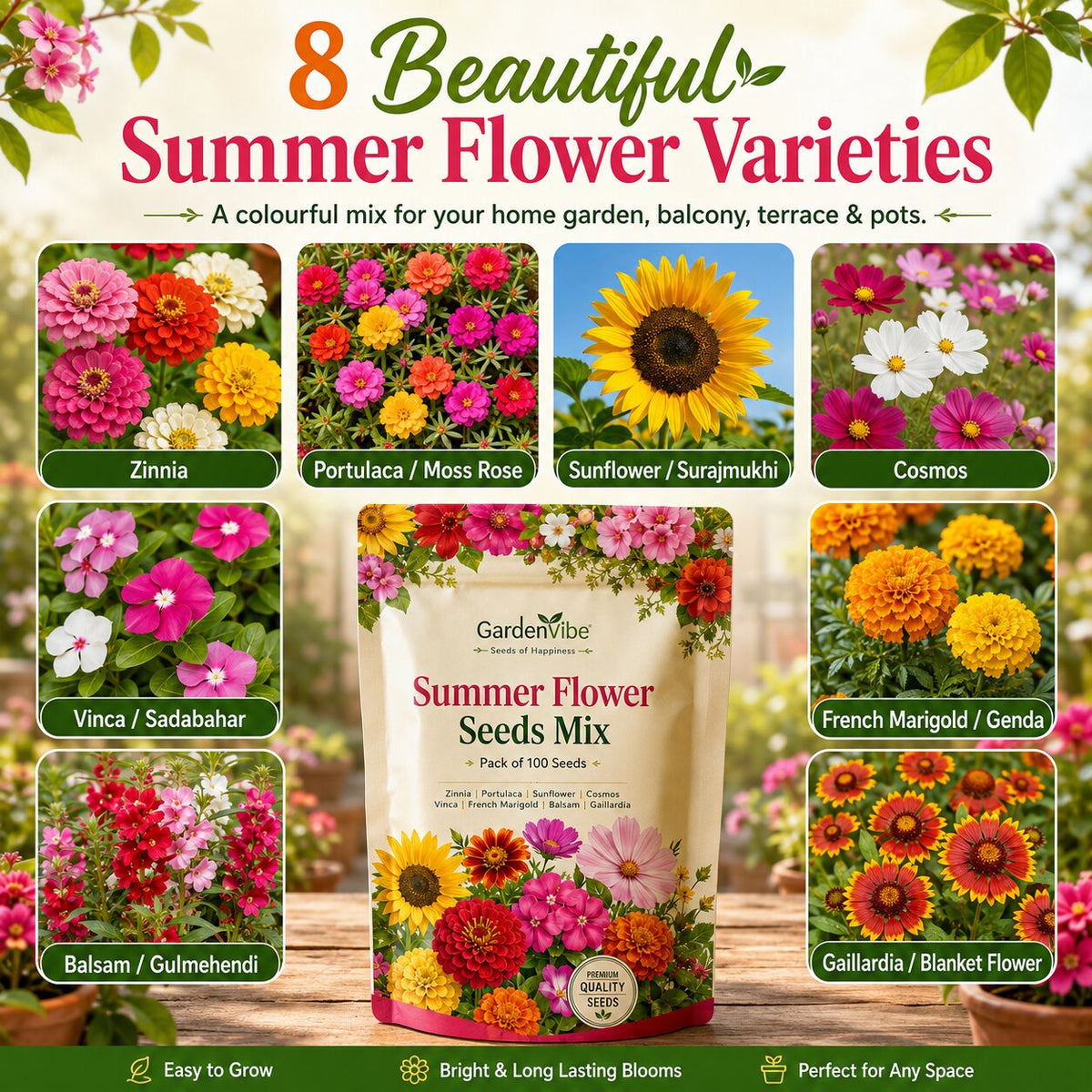 Summer Flower Seeds Mix – For Balcony, Terrace & Home Garden